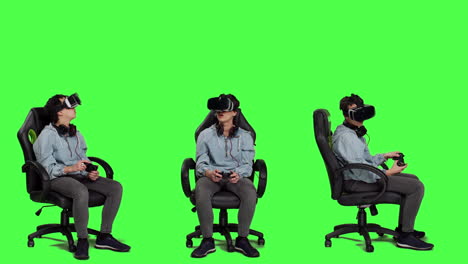 Frau-Spielt-Videospiele-Mit-Virtual-Reality-Headset-Im-Studio